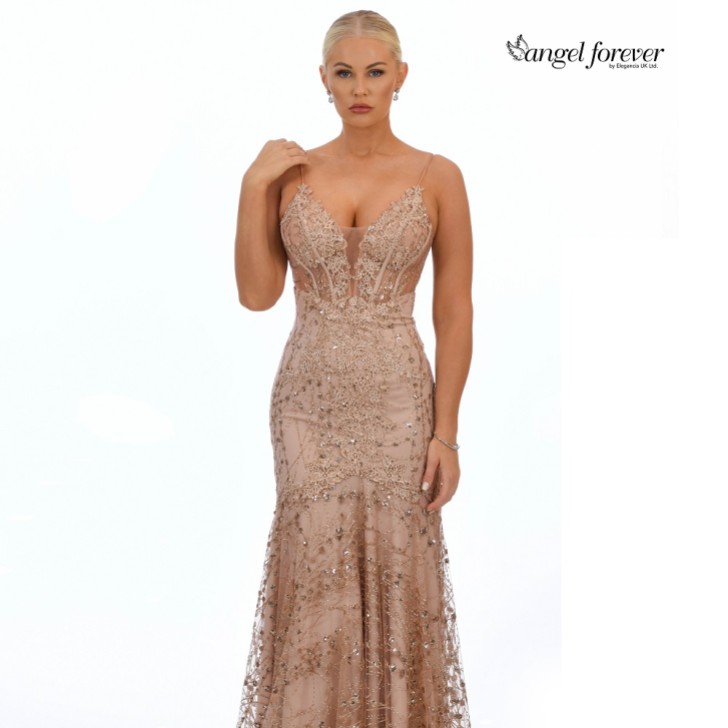 Angel Forever Vestido de baile justo com espartilho e renda brilhante (ouro-rosa)