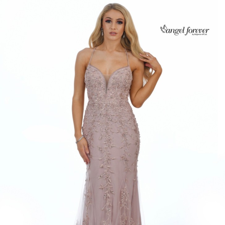 Angel Forever Vestido de fiesta sin espalda con cola de pez y encaje con pedrería (oro rosa)