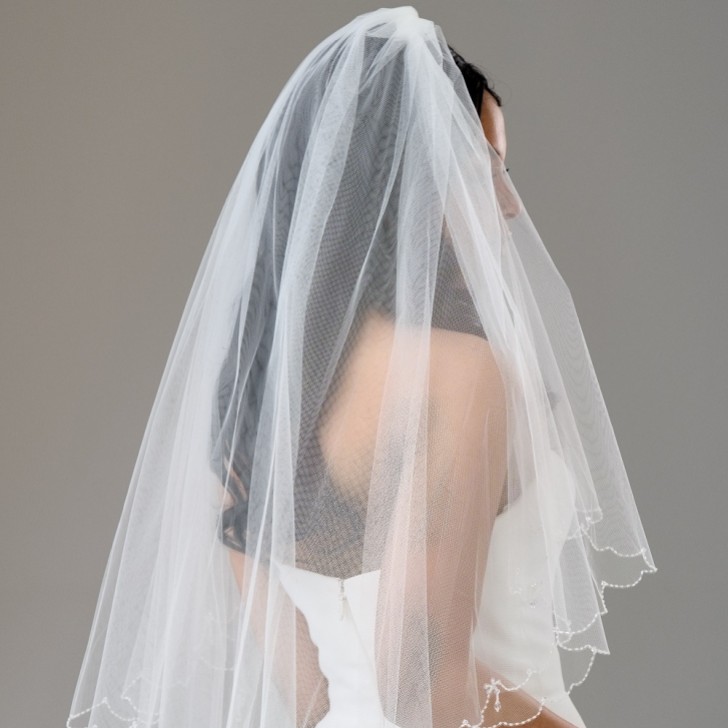 Atlanta Two Tier Beaded Scalloped Edge Veil with Crystal Drops