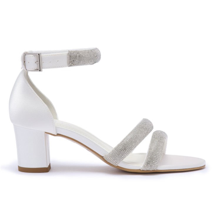 Avalia Kaja Ivory Satin Strappy Diamante Low Block Heel Sandals