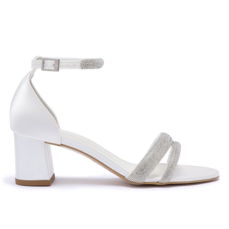 Avalia Kizzy Ivory Satin Strappy Diamante Low Block Heel Sandals
