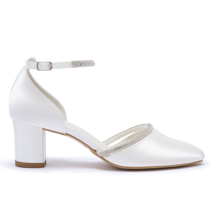 Avalia Nel Ivory Satin and Diamante Ankle Strap Mid Block Heels