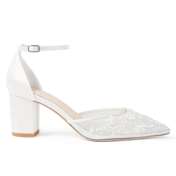 Bella Belle Thea Ivory Floral Embroidered Mesh Ankle Strap Block Heels