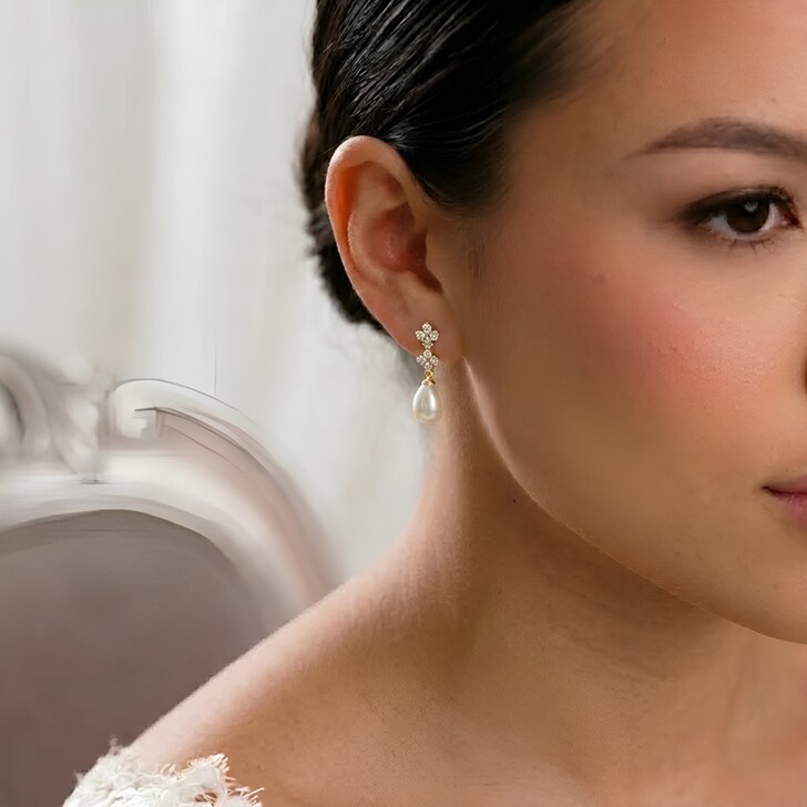 Beth Gold Floral Crystal and Teardrop Pearl Earrings