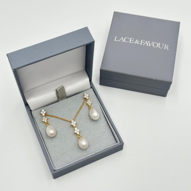 Beth Gold Floral Crystal and Teardrop Pearl Jewelry Set