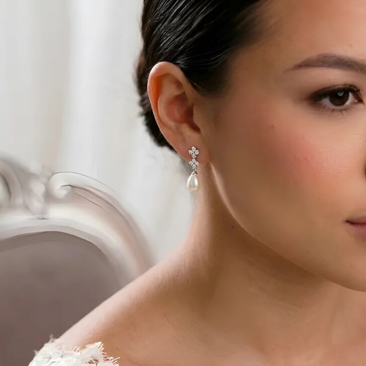 Beth Silver Floral Crystal and Teardrop Pearl Earrings