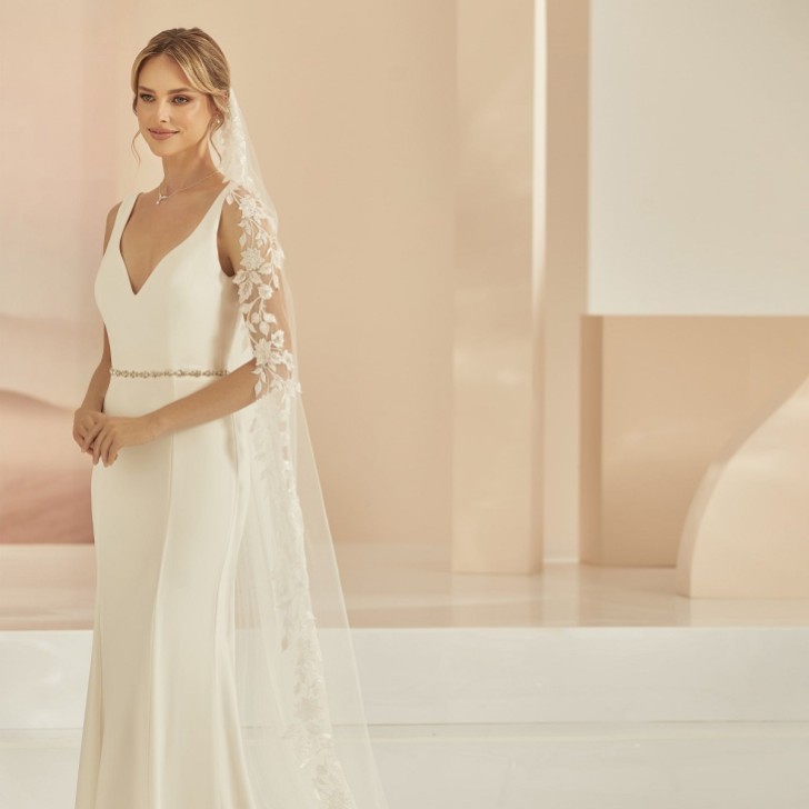 Bianco Elfenbein einstufige Kapelle Schleier mit voller floraler Spitze Rand S408