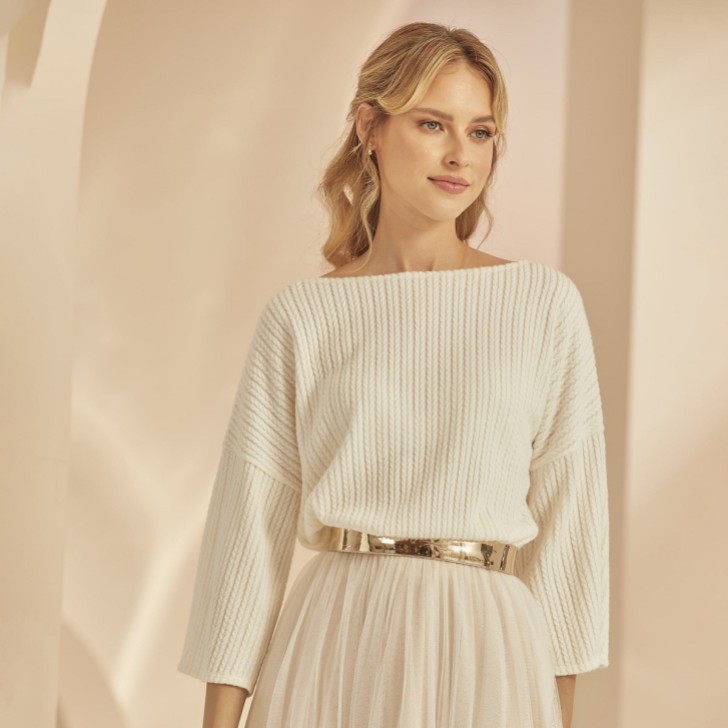 Bianco Elfenbein gestrickt Boot-Ausschnitt Braut Pullover E342