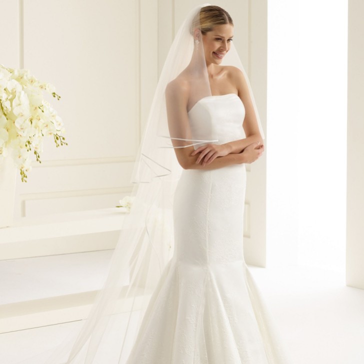 Bianco Elfenbein Klassisch Tüll Zweistöckig Satin Rand Kathedrale Schleier S146