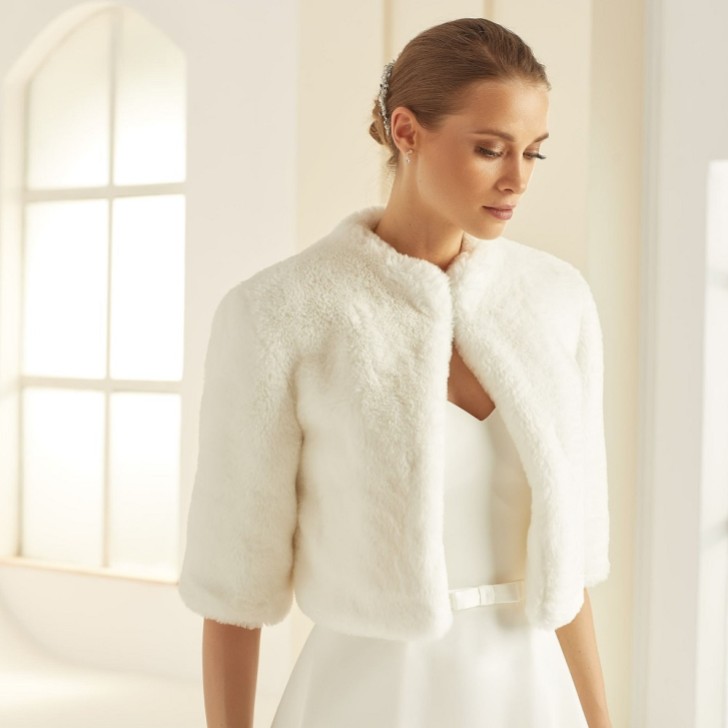 Bianco Elfenbein Kunstfell Ellenbogen Länge Hochzeit Jacke E307