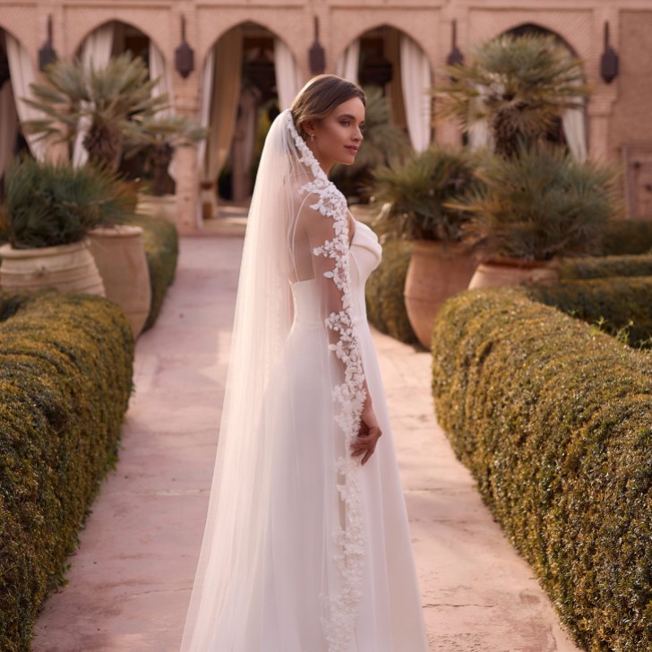 Bianco Ivory Single Tier 3D Flower and Lace Floor Length Veil S534