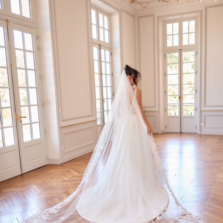 Bianco Ivory Single Tier 3D Flower Royal Length Veil S550