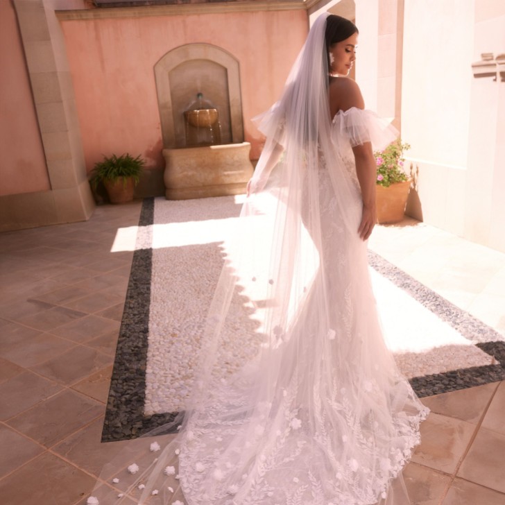 Bianco Ivory Single Tier 3D Flowers Cathedral Veil S517