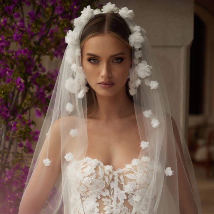 Bianco Ivory Single Tier Cut Edge Short Veil with 3D Flowers S493