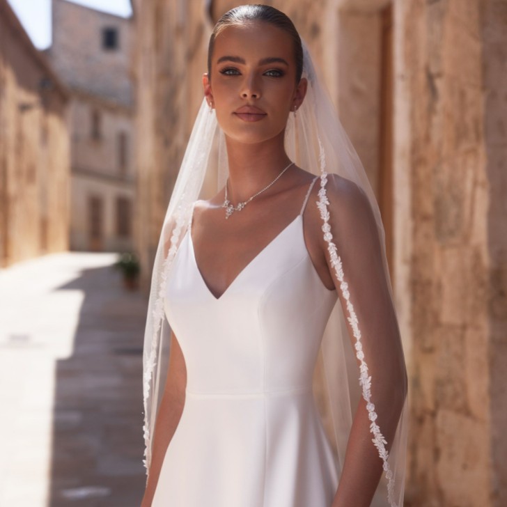 Bianco Ivory Single Tier Narrow Lace Edge Fingertip Veil S508