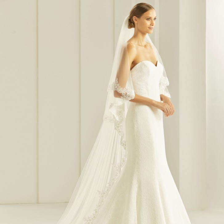 Bianco Two Tier Delicate Beaded Lace Edge Cathedral Veil S258