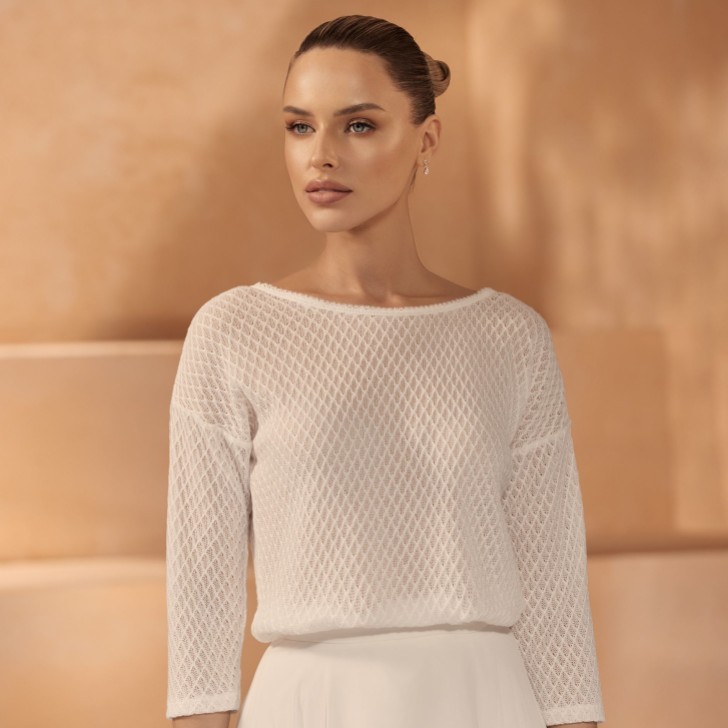 Camisola de noiva em malha, cor marfim, com mangas 3/4, E435