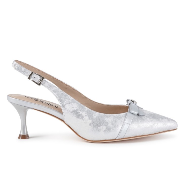 Capollini Allegra Silberne Nubukleder Slingback Heels mit Schleifendetail