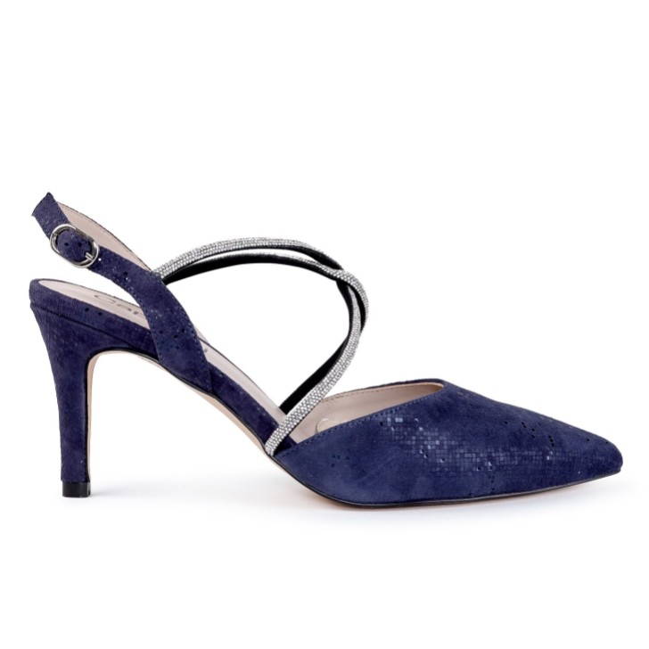 Capollini Charlotte Marineblaues Nubukleder Diamantenkreuzriemen Slingbacks