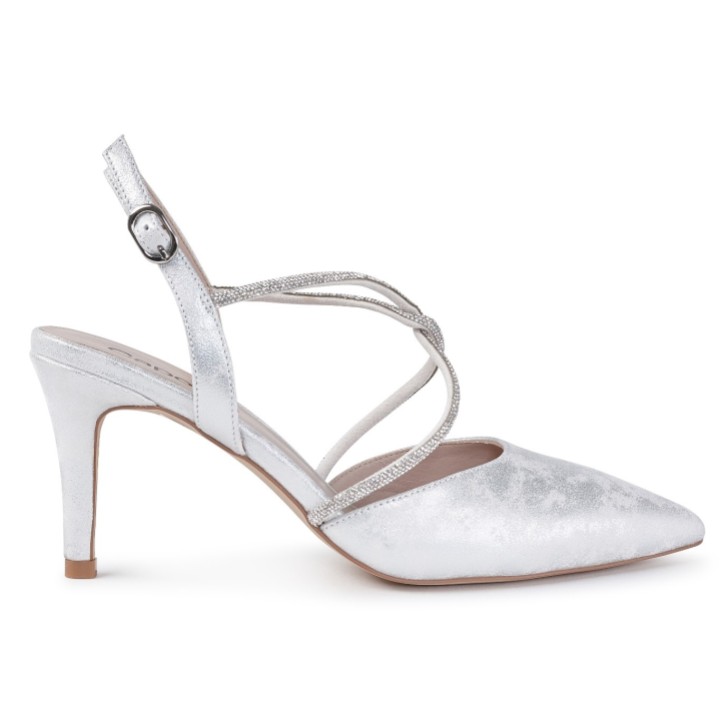 Capollini Charlotte Silberne Nubukleder Diamanten Kreuzriemen Slingbacks