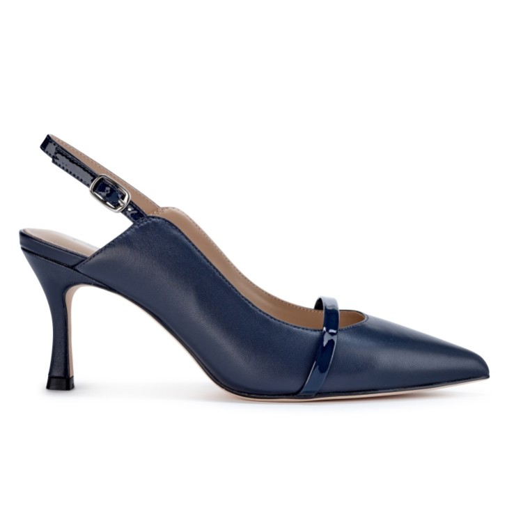Capollini Emory Navy Leder Slingbacks mit mittlerem Absatz und Lackband