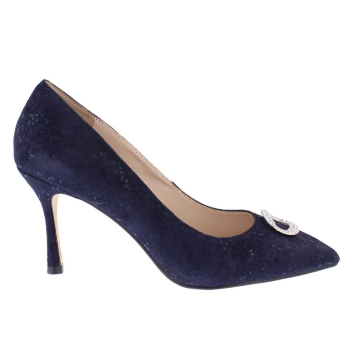 Capollini Judi Navy Nubuck Leather Court Shoes with Diamante Trim