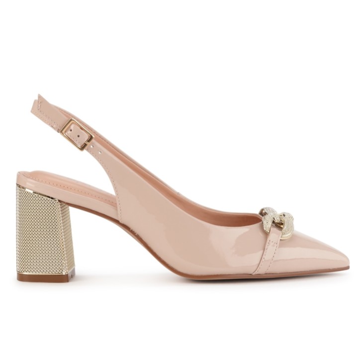 Capollini Mazy Nude Pink Patent Leather Block Heel Slingbacks (escarpins à talons hauts en cuir verni)