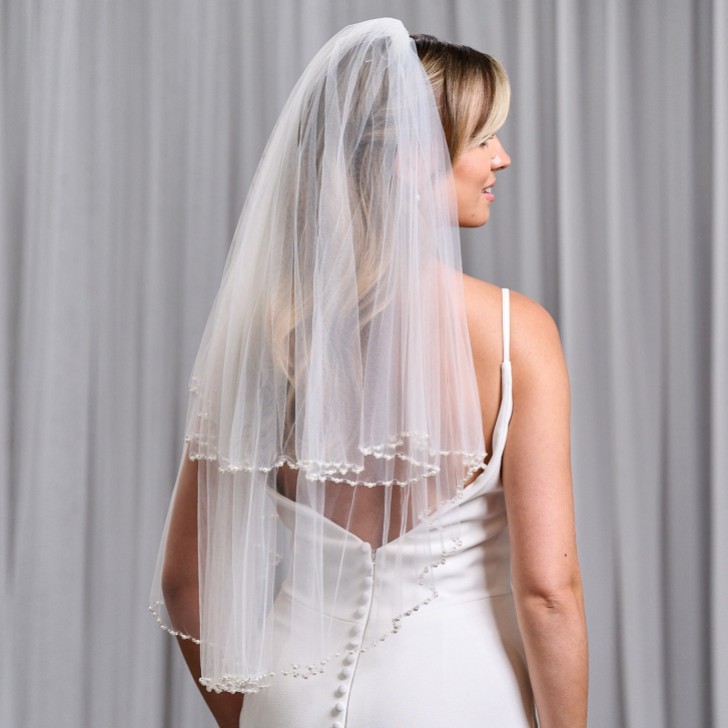 Charleston Ivory Two Tier Bead, Diamante and Pearl Edge Elbow Length Veil