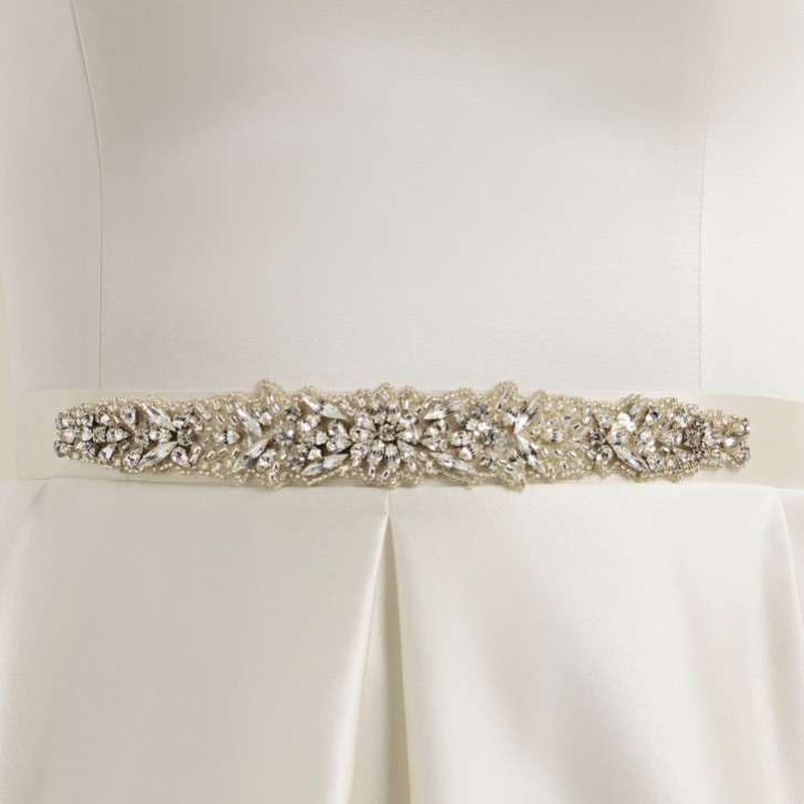 Cinturón de satén con adornos de cristal blanco para vestido de novia