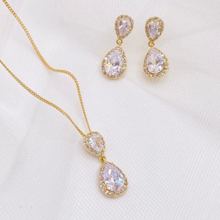 Conjunto de joias de casamento Zara com cristais em forma de lágrima dourados