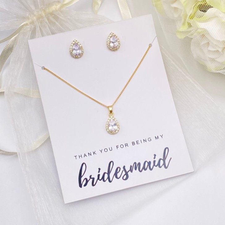 Conjunto de joyas con pendientes de cristal dorado «Gracias por ser mi dama de honor»