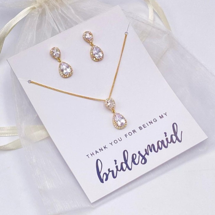 Conjunto de joyas de cristal dorado en forma de lágrima «Gracias por ser mi dama de honor»