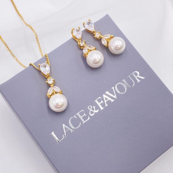 Conjunto de joyas nupciales «Elegance» con cristales dorados y perlas