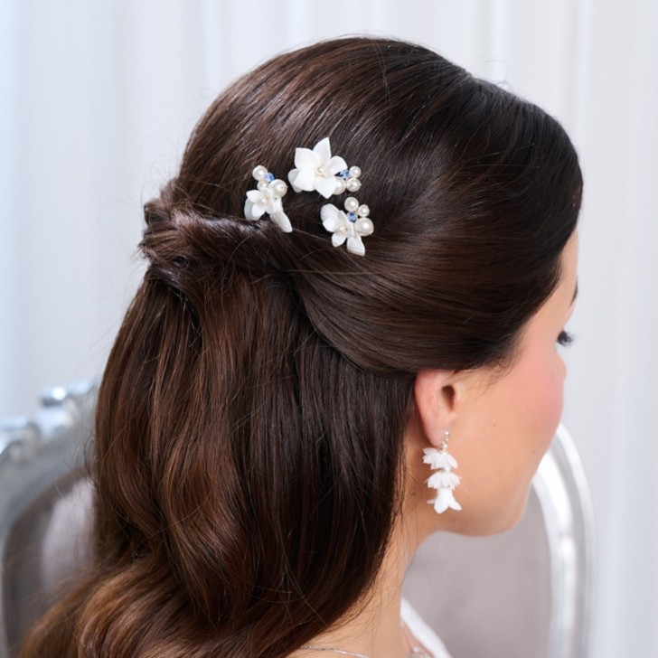 Conjunto Tiffany de 3 horquillas florales con perlas y cristales de color zafiro claro