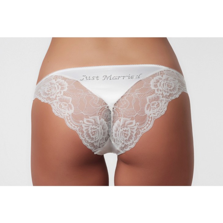 Cueca de noiva em cetim marfim e renda com strass «Just Married»
