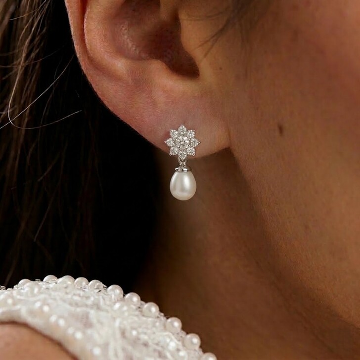 Darcey Floral Cubic Zirconia and Pearl Bridal Earrings