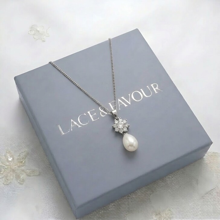 Darcey Floral Cubic Zirconia and Pearl Bridal Pendant Necklace