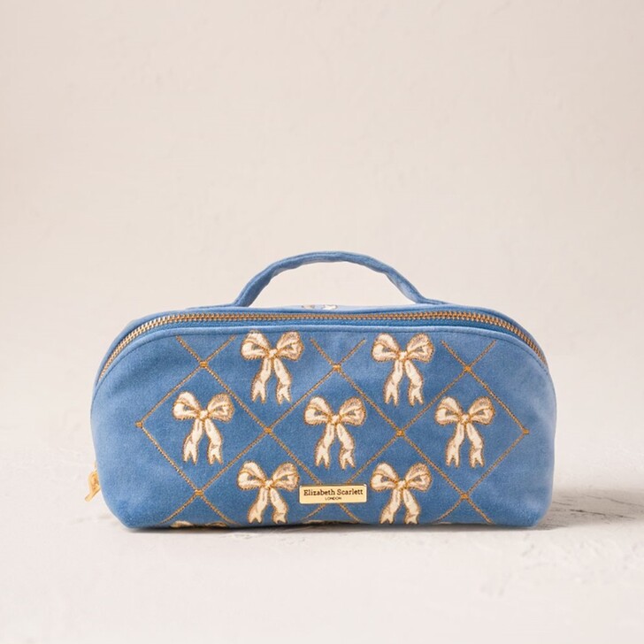 Elizabeth Scarlett Lattice Bows Dusky Blue Velvet Open Flat Makeup Bag