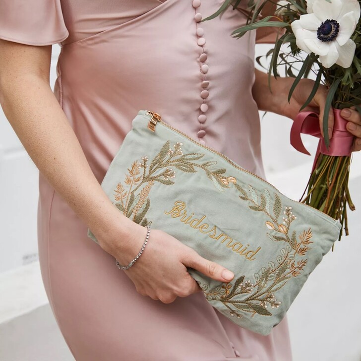 Elizabeth Scarlett Olive Branch Bridesmaid Sage Green Velvet Pouch