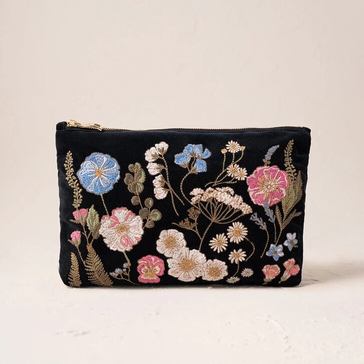 Elizabeth Scarlett Pressed Flowers Navy Velvet Everyday Pouch
