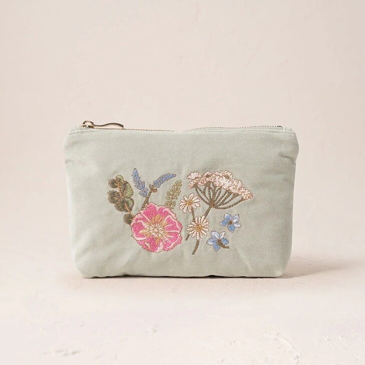 Elizabeth Scarlett Pressed Flowers Sage Green Velvet Mini Pouch