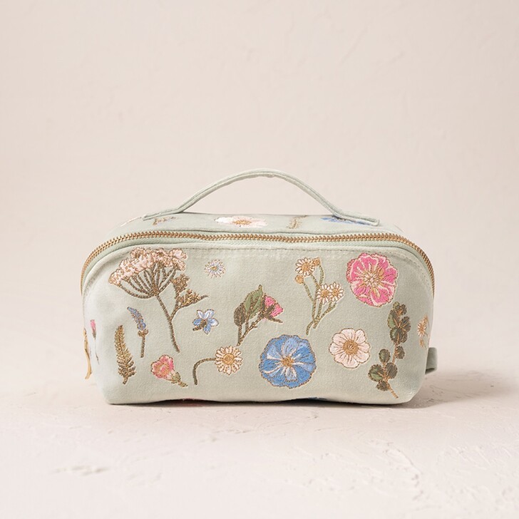 Elizabeth Scarlett Pressed Flowers Sage Green Velvet Open Flat Makeup Bag