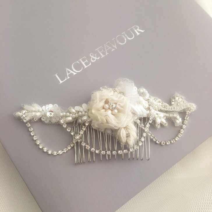 Elsie Vintage Floral Hair Comb with Diamante Drapes