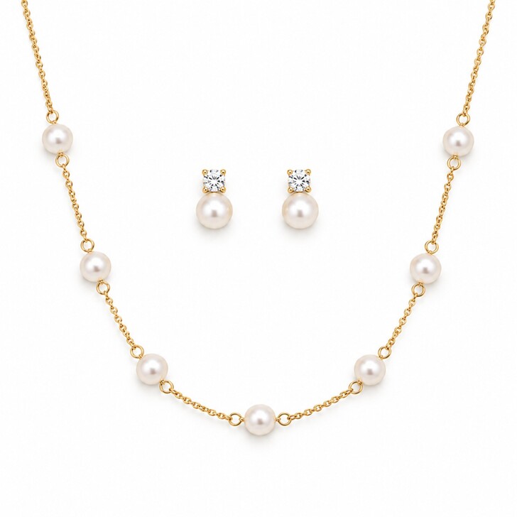 Evie Gold Dainty Pearl Earring and Necklace Jewellery Set
