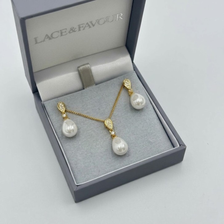 Faye Gold Teardrop Pearl and Crystal Jewellery Set