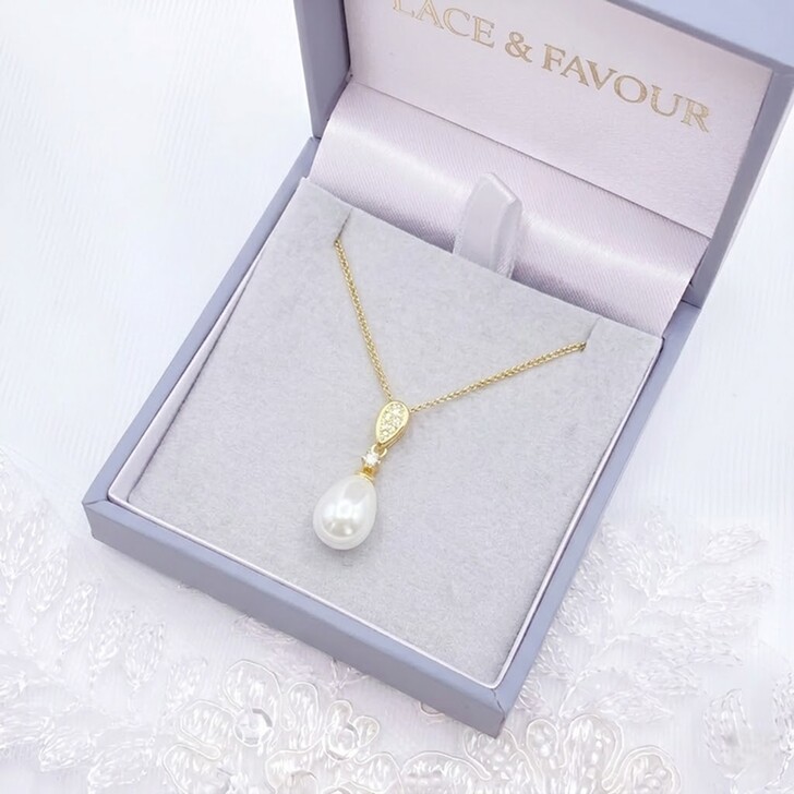 Faye Gold Teardrop Pearl and Crystal Pendant Necklace