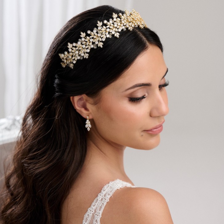 Fita para o cabelo de casamento com folhas de cristal dourado de Zanzibar