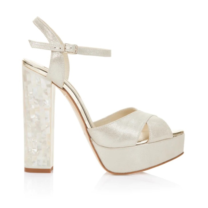 Freya Rose Bonnie Champagner Wildleder Mutter der Perle Blockabsatz Plattform Sandalen