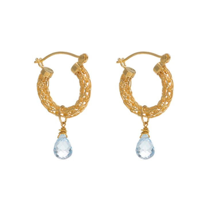 Freya Rose Brincos de argola mini com padrão entrelaçado dourado e cristais de topázio