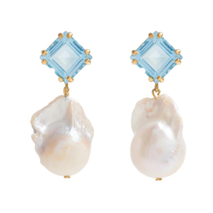 Freya Rose Pendientes con perlas barrocas y topacio azul